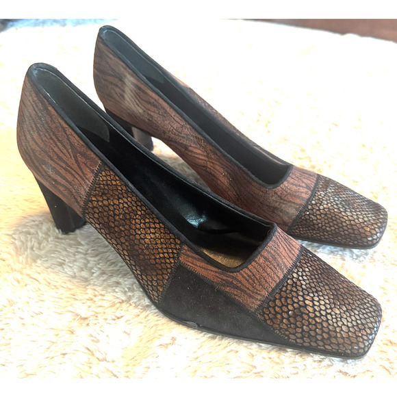 Proxy Women's sz 7 Heels Pumps Made In Spain Brown leather snakeskin square toe - Picture 1 of 10